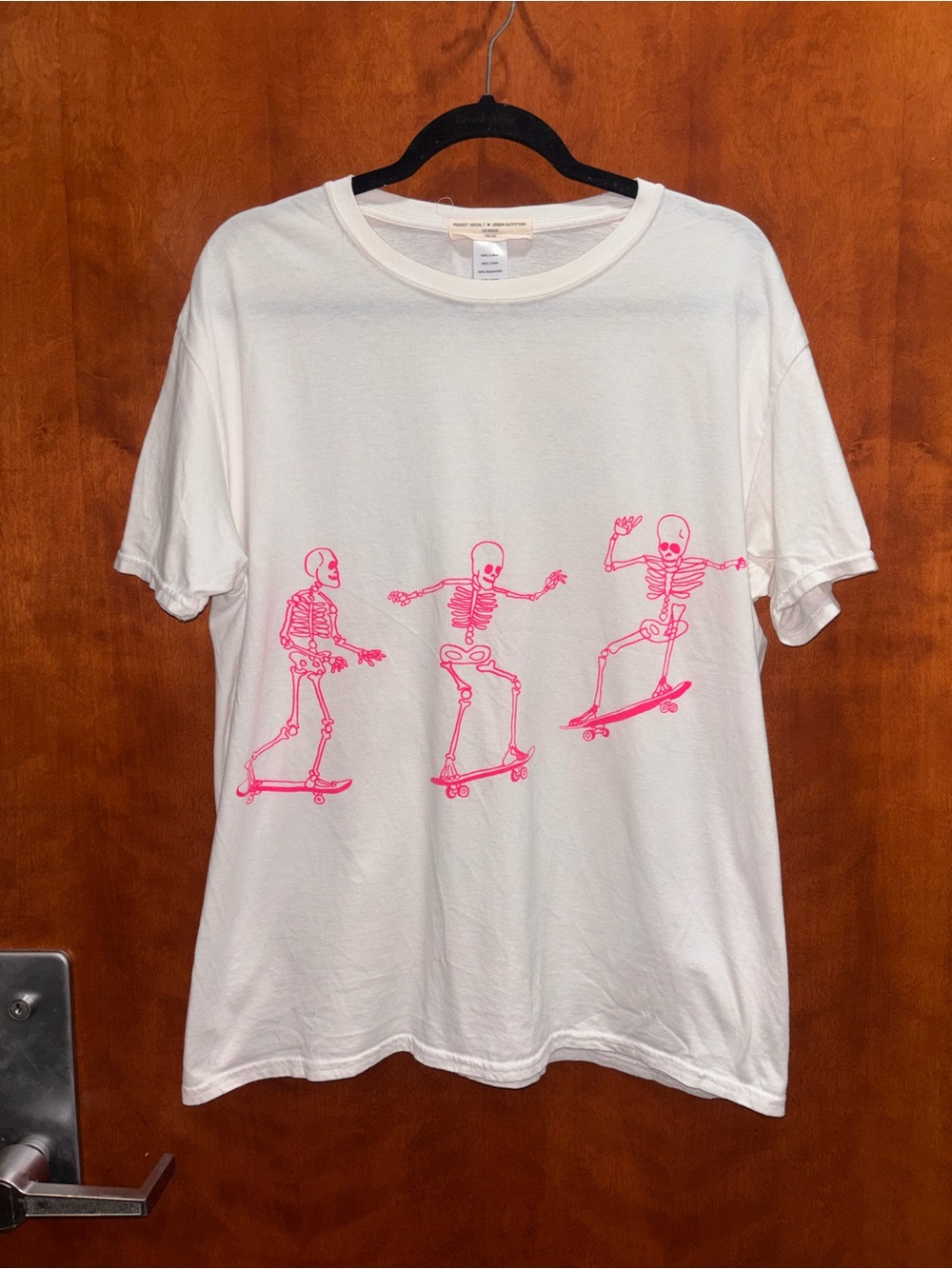 Project Social T White Short-Sleeve Tee with Pink Skateboard Skeletons
